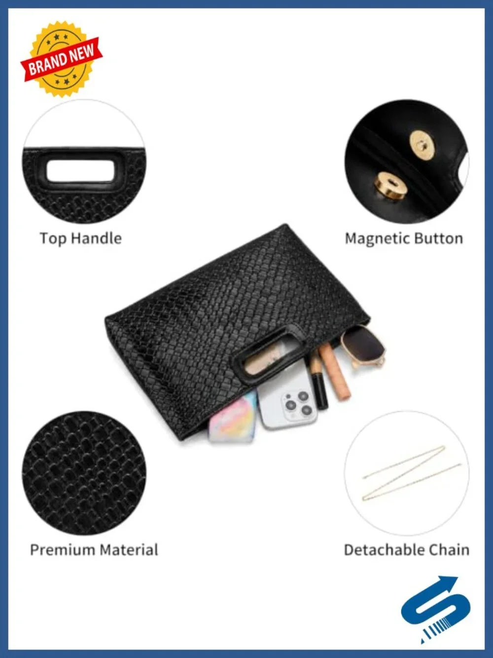 Vegan Leather Evening Clutch with Detachable Chain - 4-Way Convertible Formal